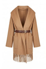 VICOLO cappotto con frange e cinta Cammello