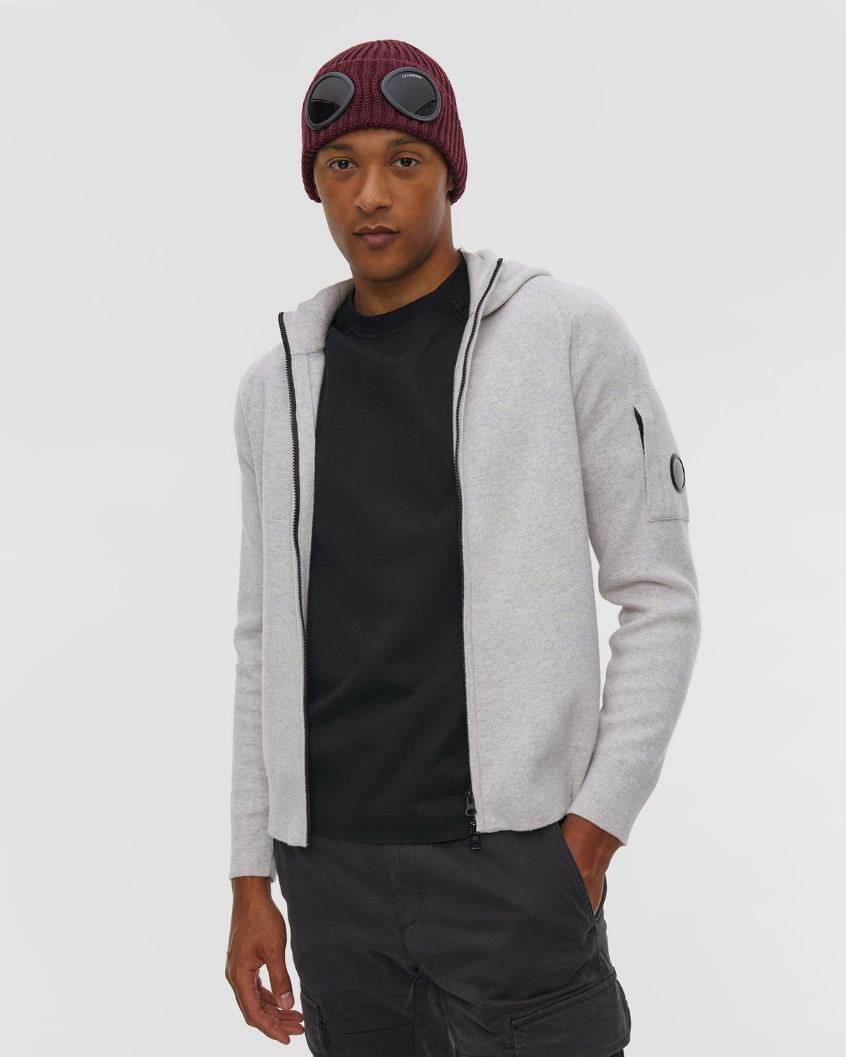 maglione in lana full zip 21CMKN097A 110149A M13 OFF WHITE MELANGE CP COMPANY 