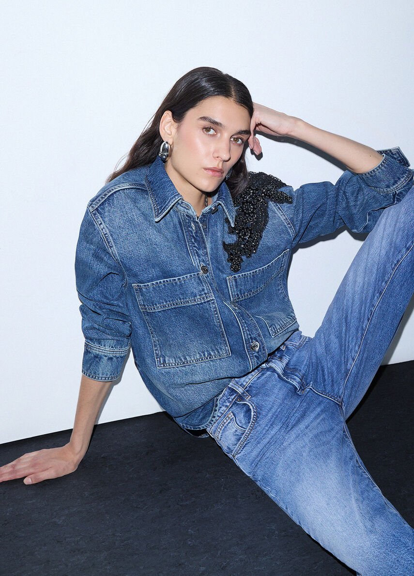 camicia in denim con applicazioni UF6167D4854 79110 LIU JO DENIM 
