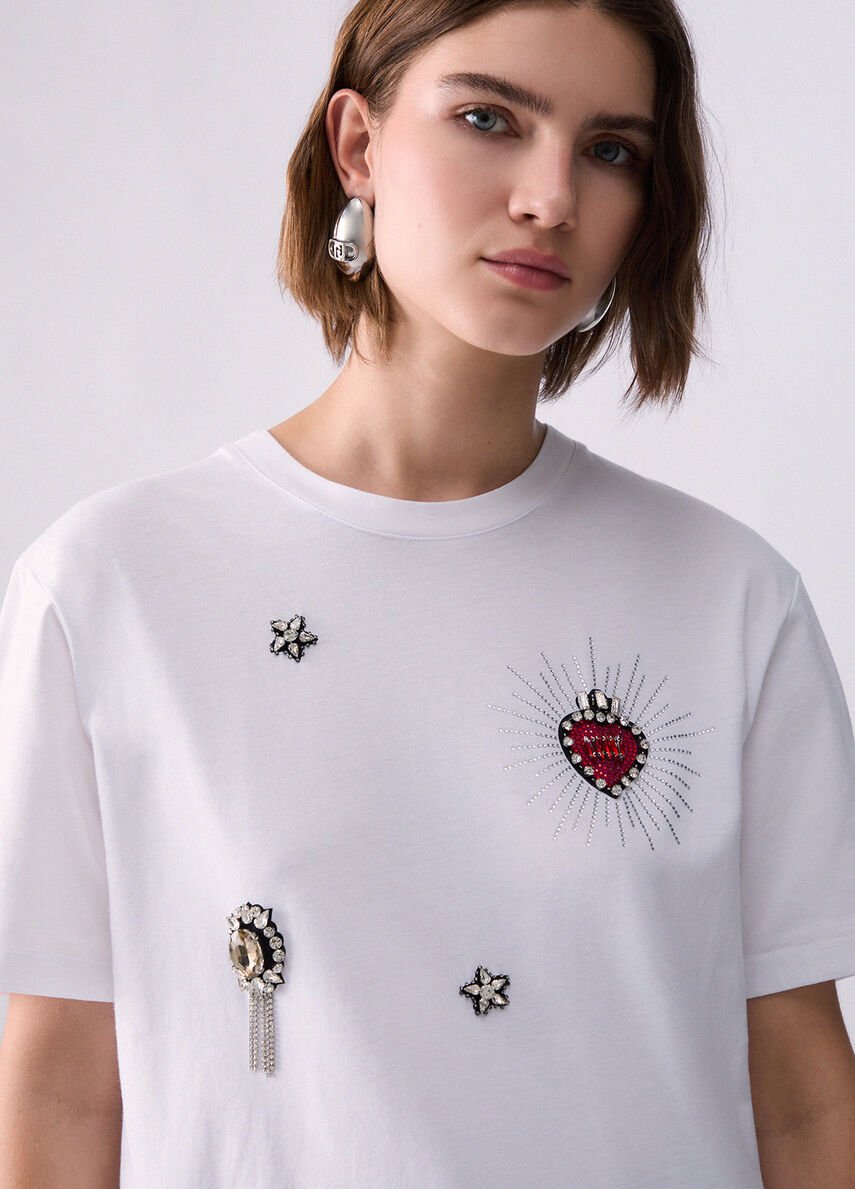 t-shirt con ricami gioiello WF6324J0088 L9437 LIU JO WHITE 
