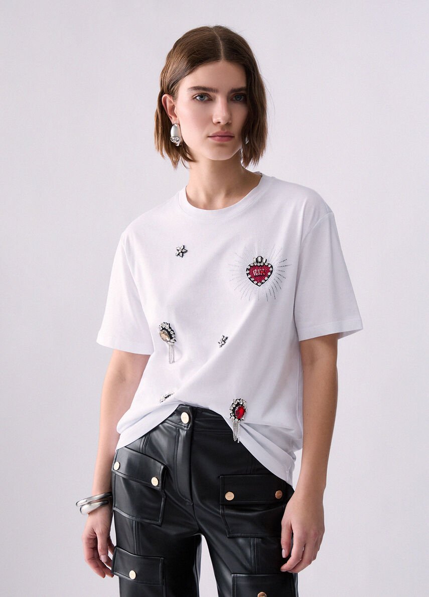t-shirt con ricami gioiello WF6324J0088 L9437 LIU JO WHITE 