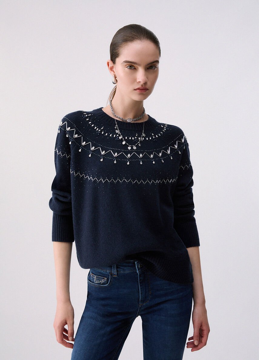 maglione in lana con ricamo gioiello WF6371MS009 L9528 LIU JO WHITE 