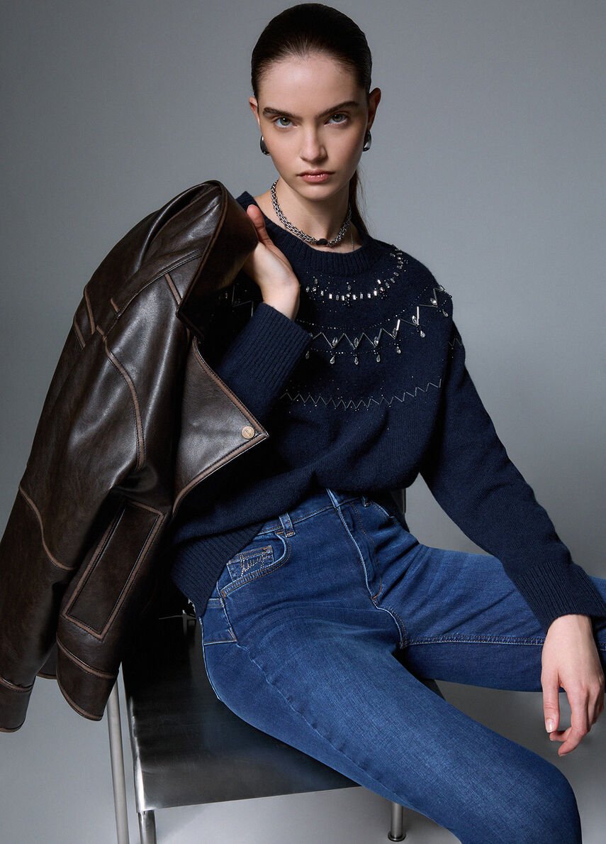 maglione in lana con ricamo gioiello WF6371MS009 L9528 LIU JO WHITE 