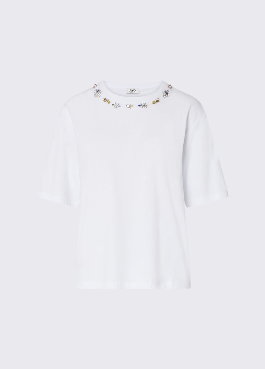 t-shirt con ricamo gioiello WF6398JS904 L9348 LIU JO WHITE 