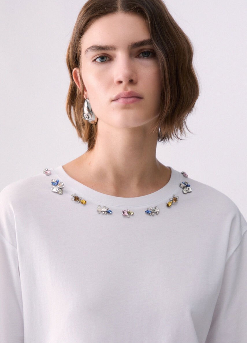 t-shirt con ricamo gioiello WF6398JS904 L9348 LIU JO WHITE 