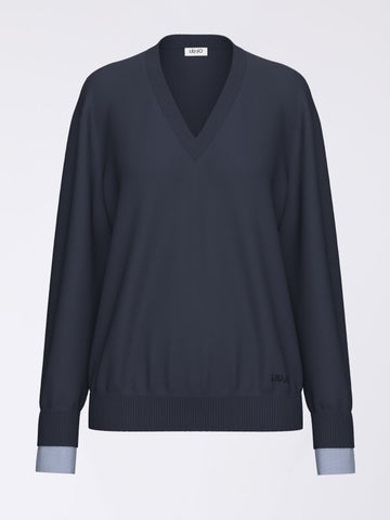 maglia con scollo a v e pailettes WF6453MA16R L9446 LIU JO WHITE 