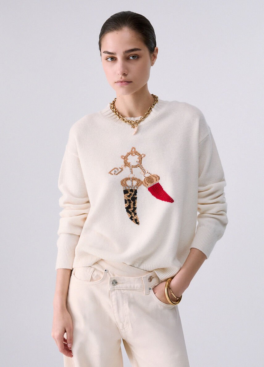 maglia jacquard in lana con charm WF6457MS009 L9458 LIU JO WHITE 