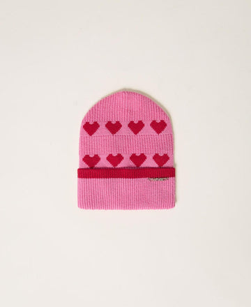 cappello in maglia jacquard con cuori 262GB5030 13792 TWINSET GIRL 