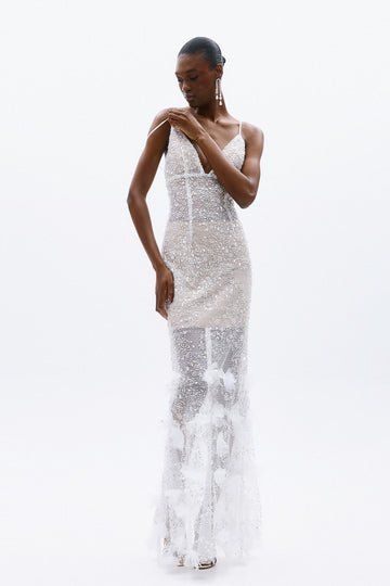 abito lungo con inserti gioiello A4723 WHITE ALLURE 