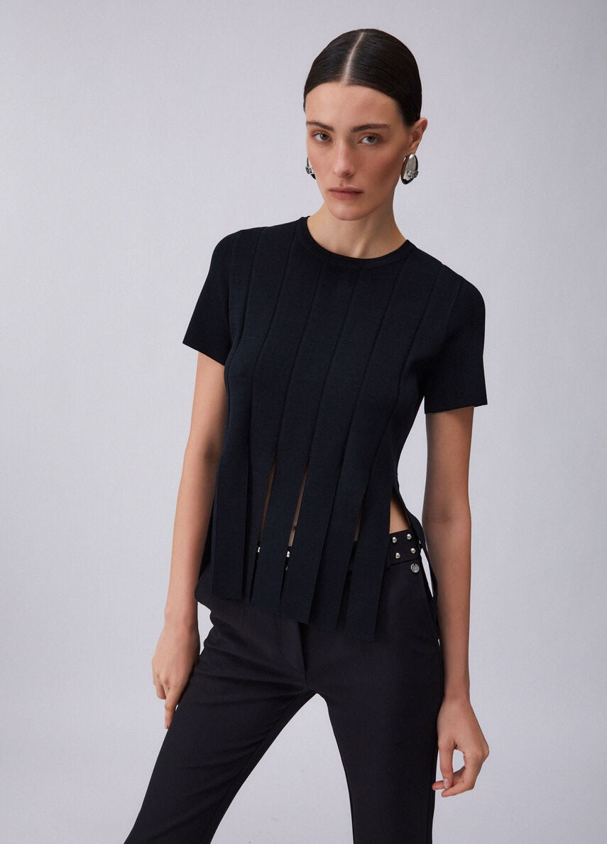 t-shirt in maglia con frange CA6110MS55N 22222 LIU JO BLACK 