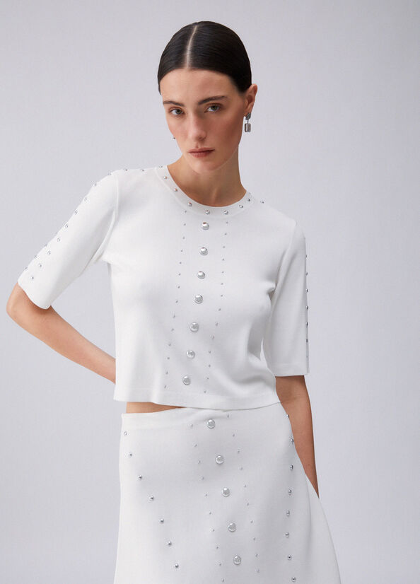 t-shirt in maglia con borchie WA6092MS55N 10701 LIU JO WHITE 