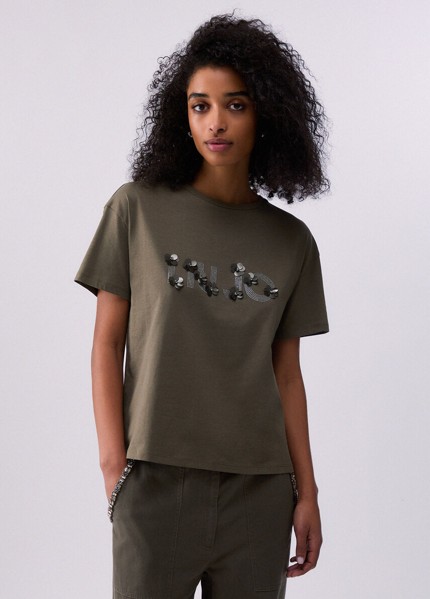 t-shirt con applicazione gioiello WA6238JS923 P9330 LIU JO WHITE 