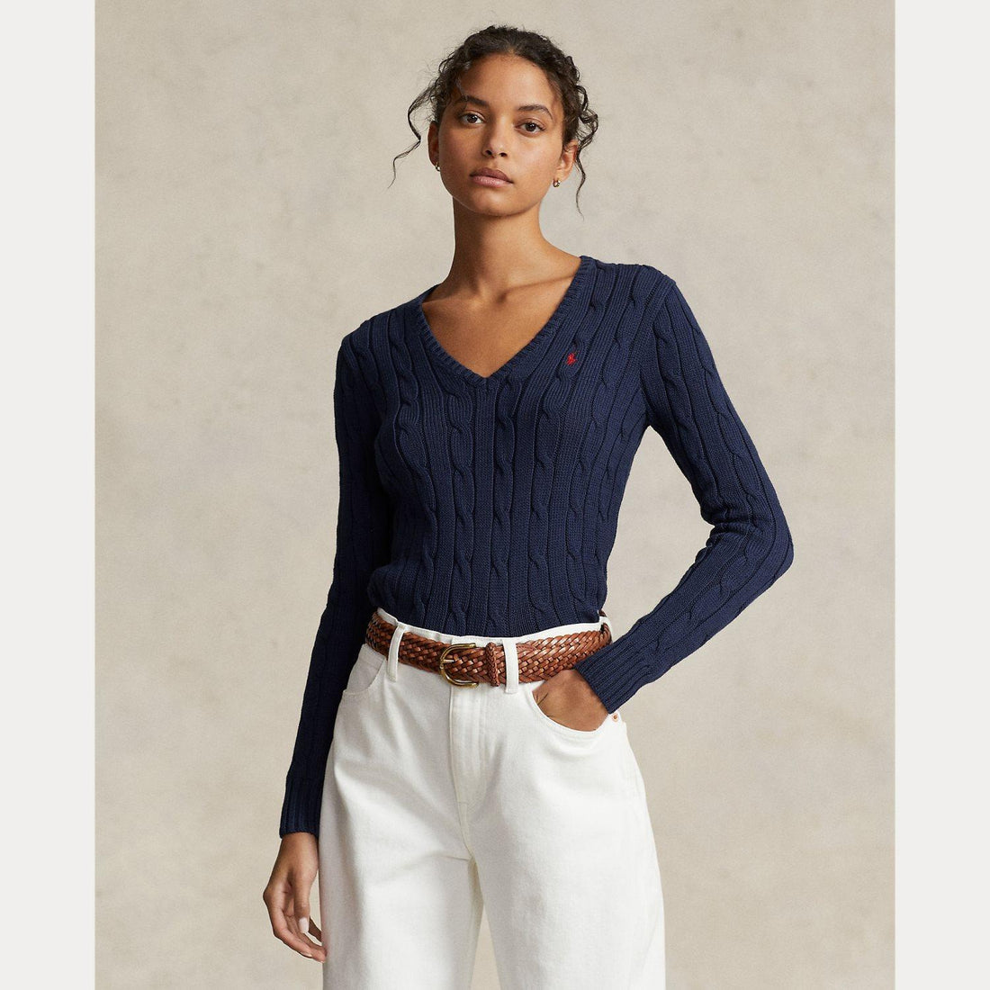 maglia con scollo a v e trecce 211-891641 002 RALPH LAUREN POLO 