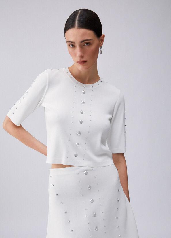 t-shirt in maglia con borchie WA6092MS55N 10701 LIU JO WHITE 