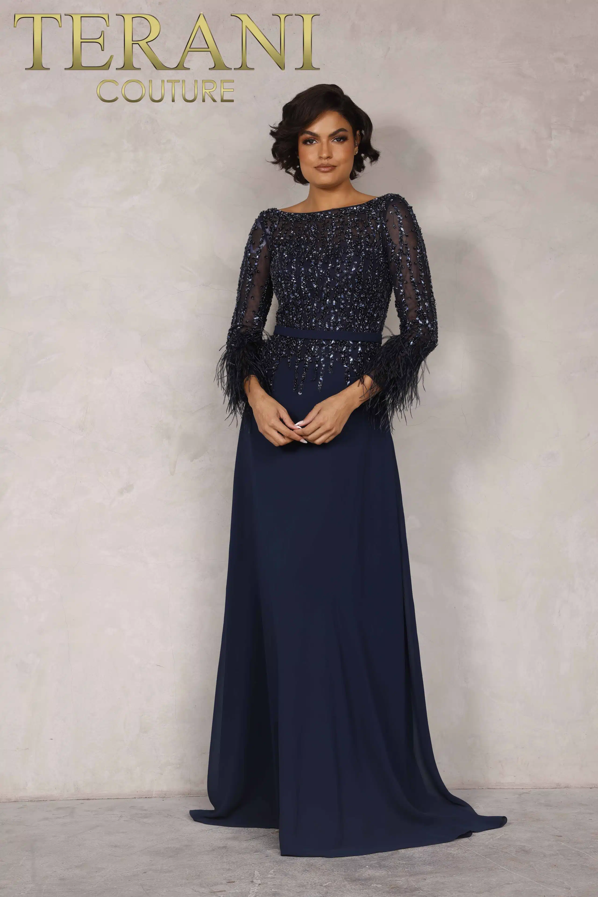 abito con gonna chiffon 1921M0473 NAVY TERANI COUTURE 