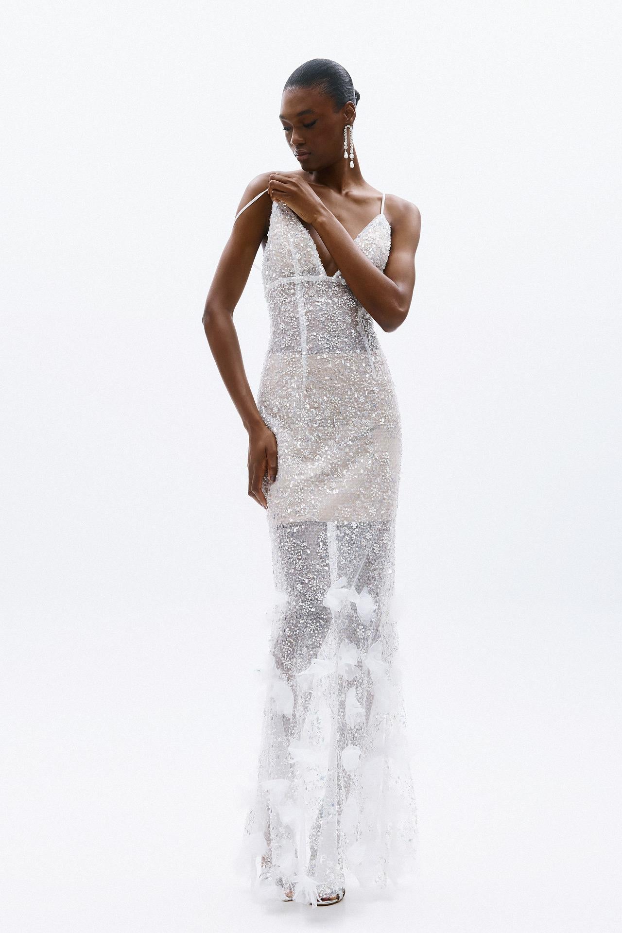abito lungo con inserti gioiello A4723 WHITE ALLURE 