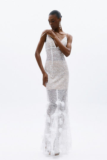 abito lungo con inserti gioiello A4723 WHITE ALLURE 
