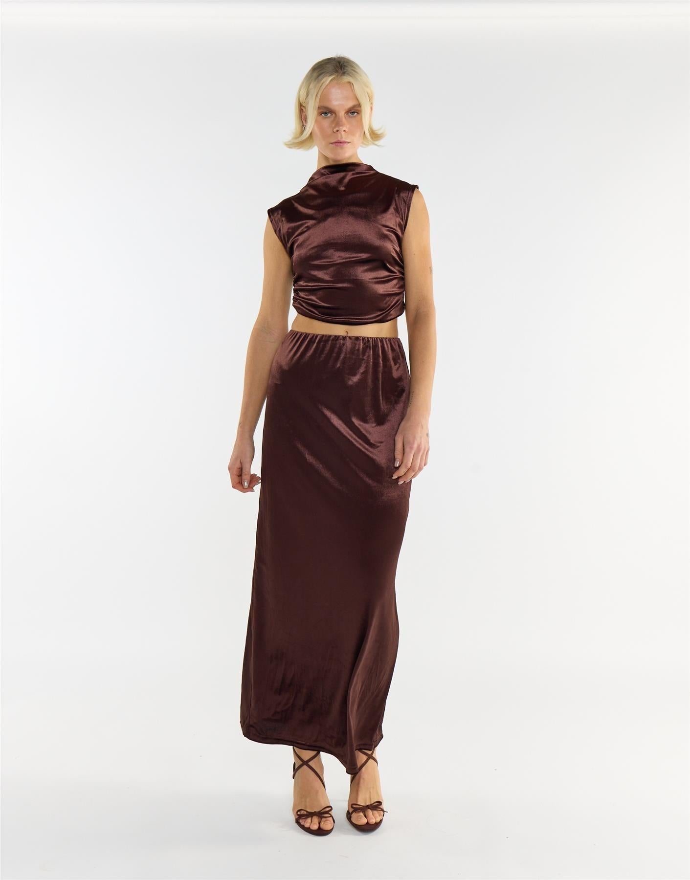 gonna lunga in velluto KA7384 BROWN GLAMOROUS 