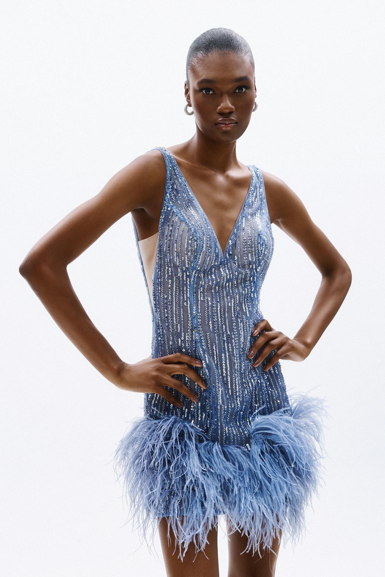 abito corto pailettes e piume A4849 INDIGO ALLURE 