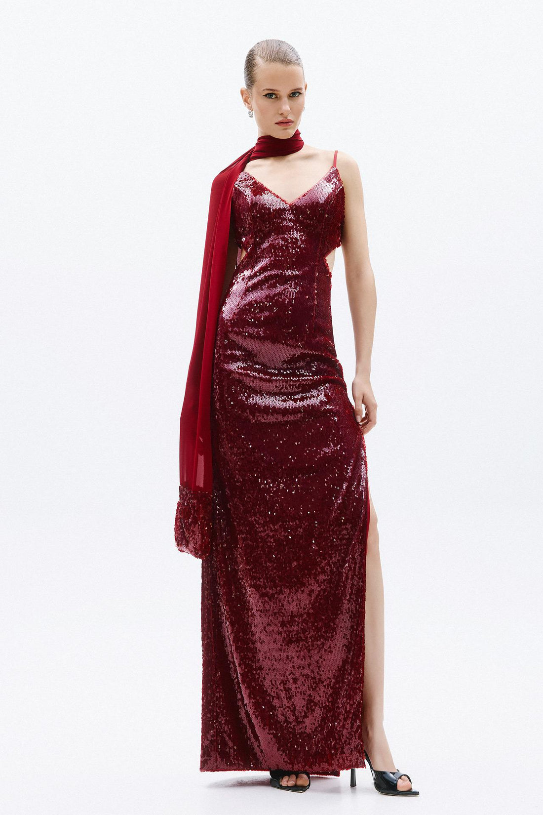 Abito pailettes e strass A4785 WINE ALLURE 