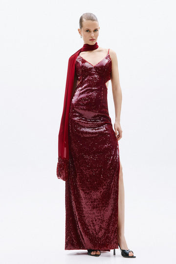 Abito pailettes e strass A4785 WINE ALLURE 