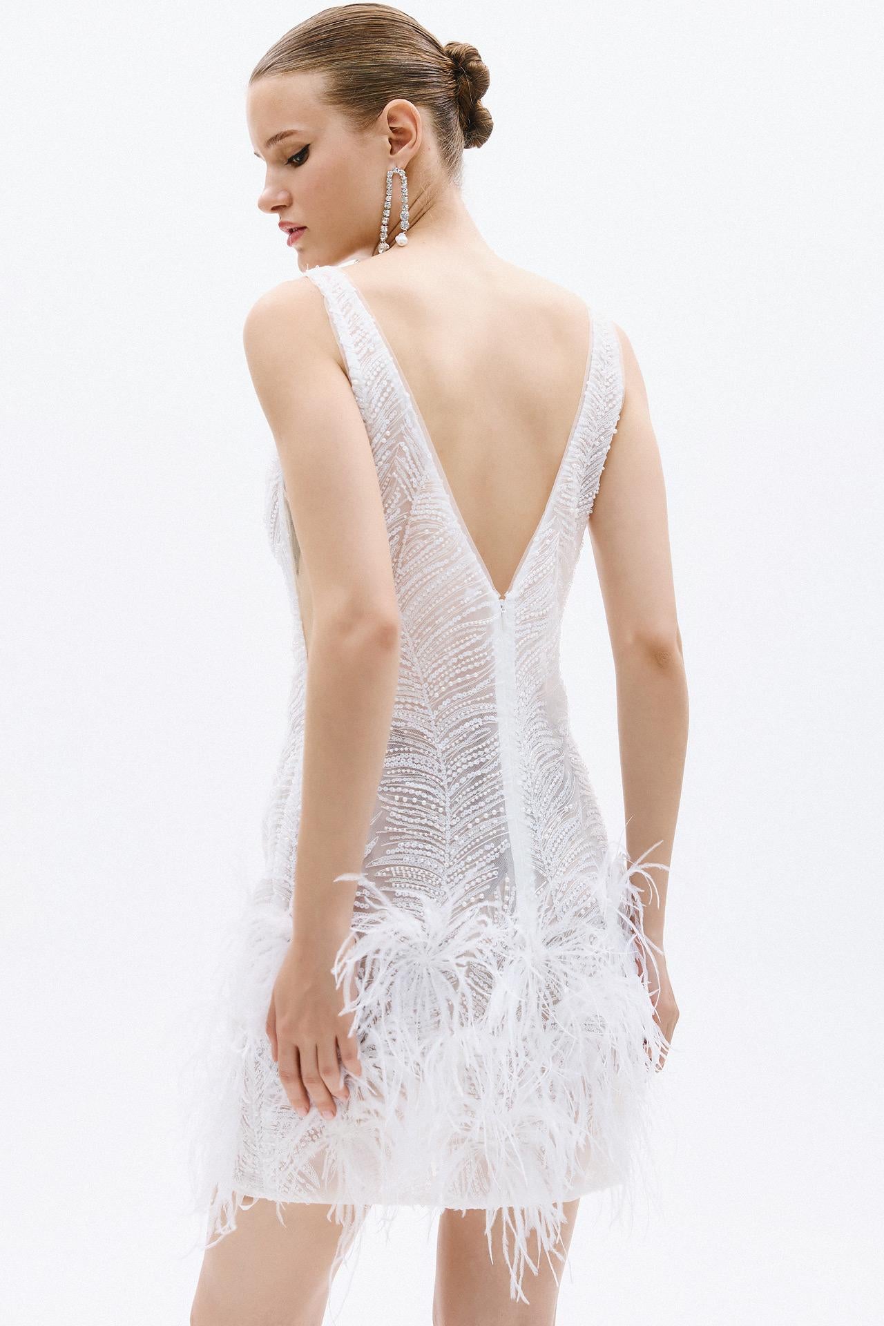 abito piume pailettes A4716 WHITE ALLURE 