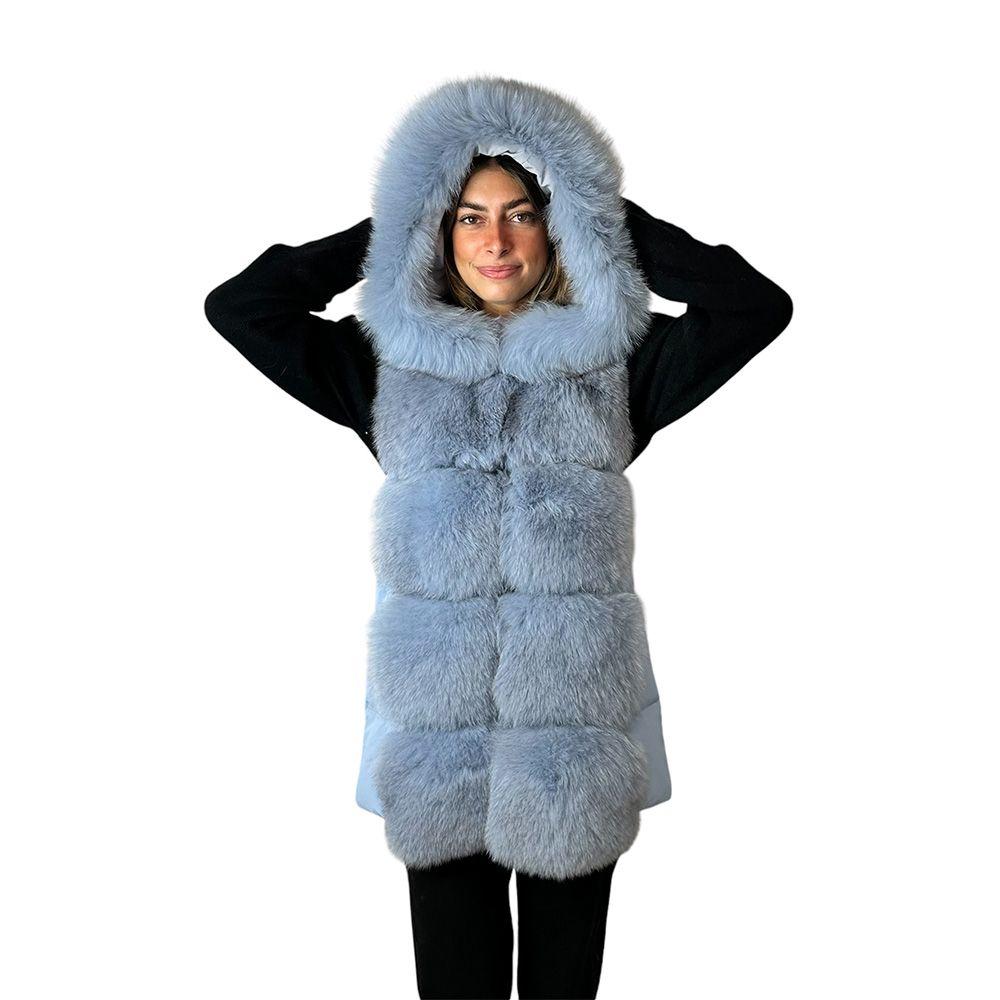 gilet smanicato con cappuccio e pelliccia 42097 CELESTE REGINA 