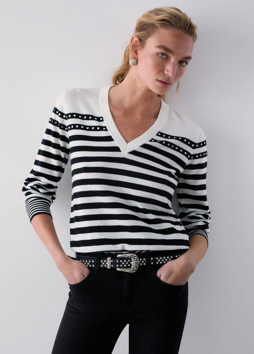maglia a righe con scollo V WA6139MA16R 03705 LIU JO WHITE 