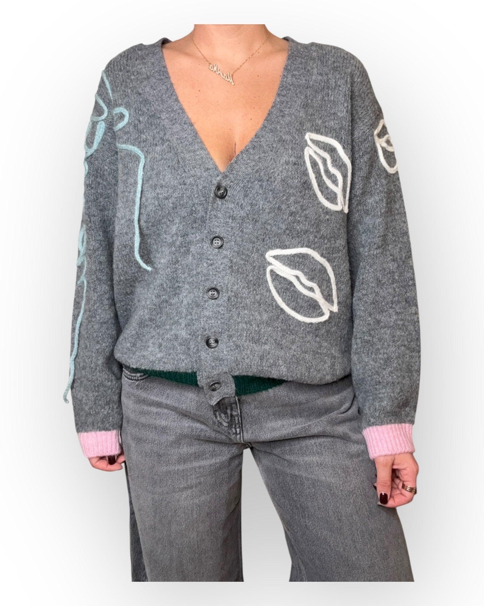 cardigan con ricamo 77300F GRIGIO VICOLO 