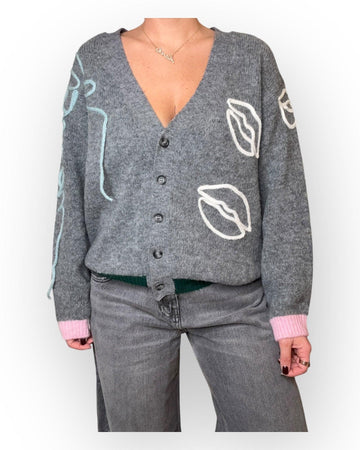cardigan con ricamo 77300F GRIGIO VICOLO 