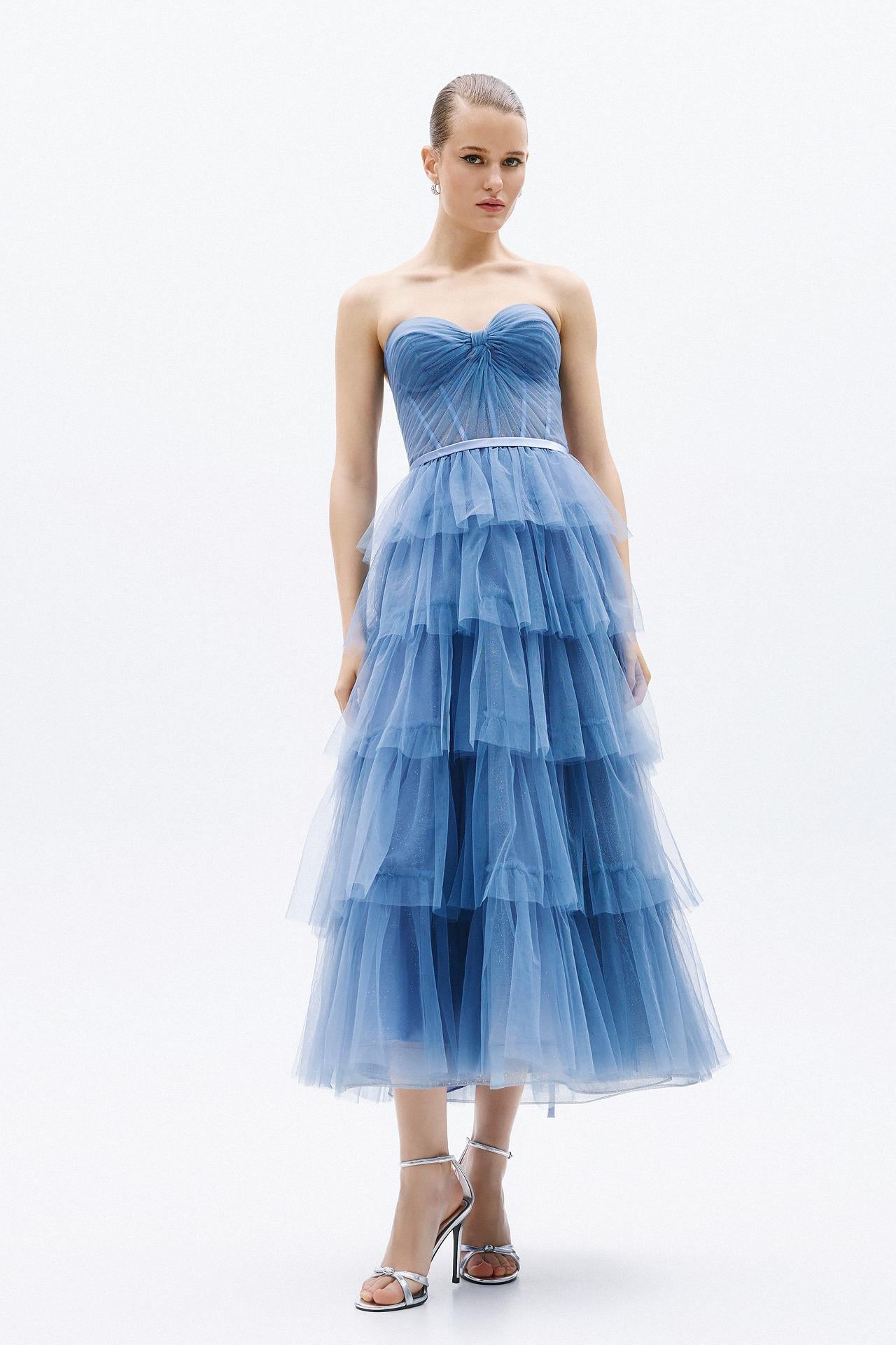 abito cerimonia a balze A4758 INDIGO ALLURE 
