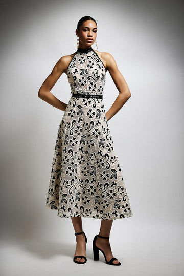 abito elegante con ricami T4551 BLACK/BEIGE TWINS 