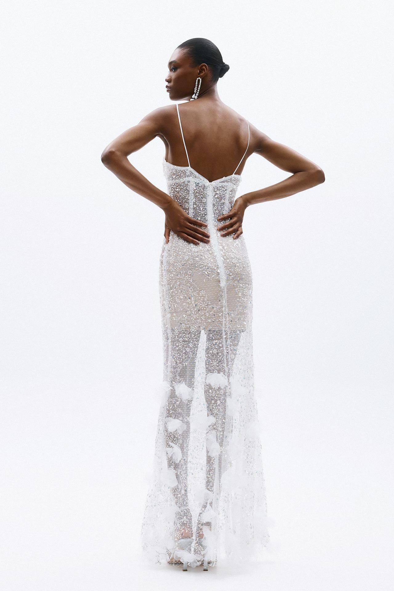 abito lungo con inserti gioiello A4723 WHITE ALLURE 