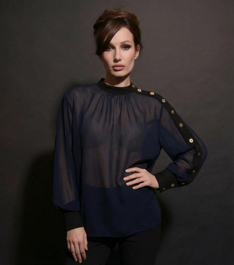 camicetta asimmetrica in chiffon 090603/917 NAVY/BLACK EDWARD ACHOUR PARIS 