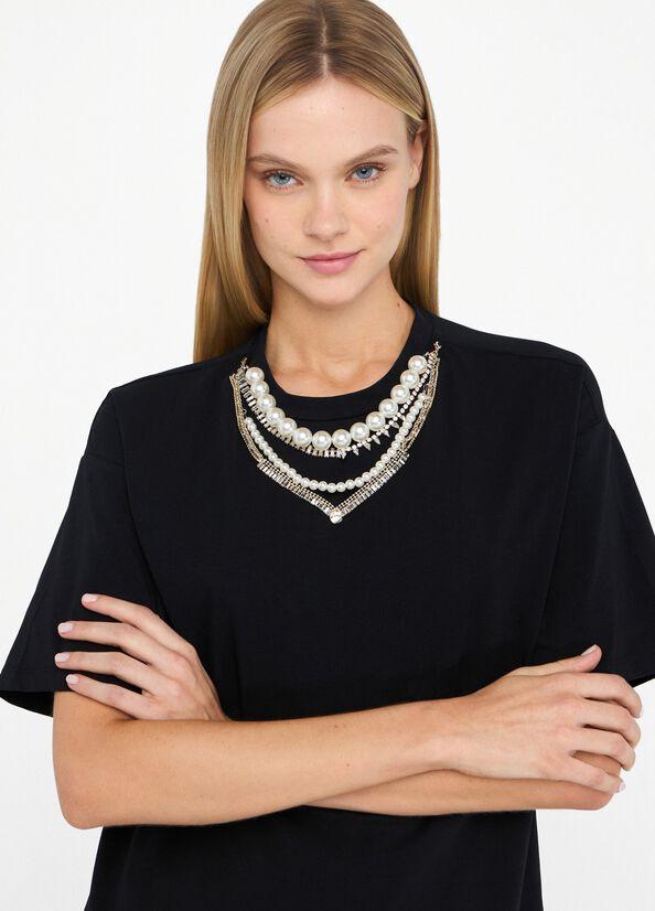 t-shirt con perle e strass CF5063J0088 22222 LIU JO BLACK 