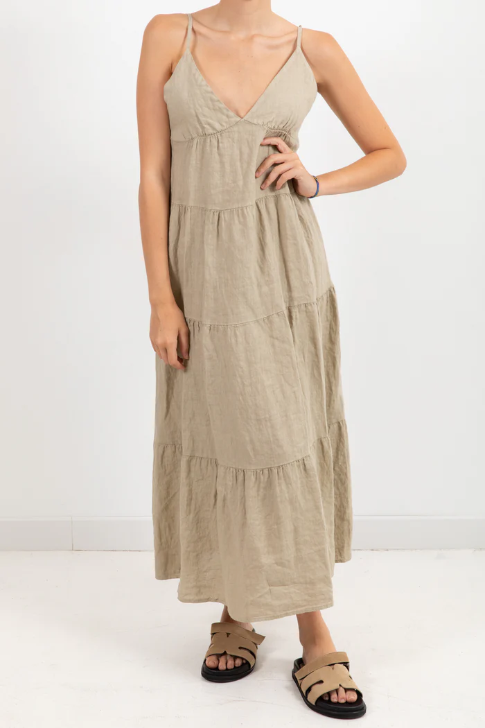 abito a balze in lino TD2624 BEIGE VICOLO 