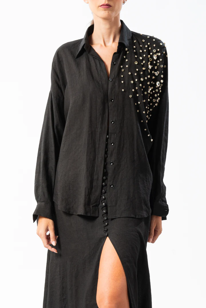 camicia lino con gioiello RELINEN2505 BLACK MIRIAM STELLA 