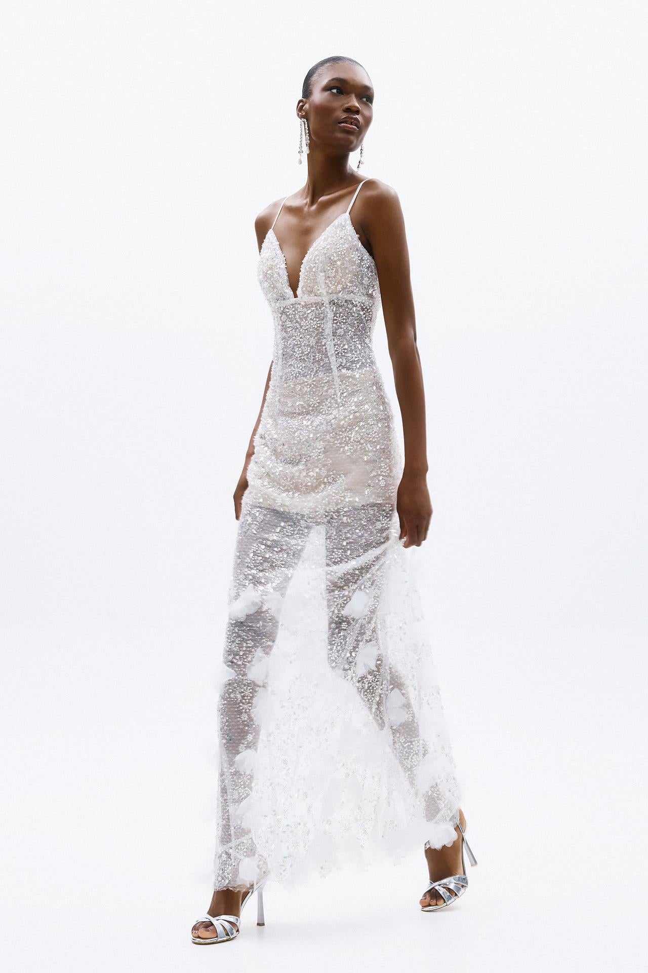 abito lungo con inserti gioiello A4723 WHITE ALLURE 