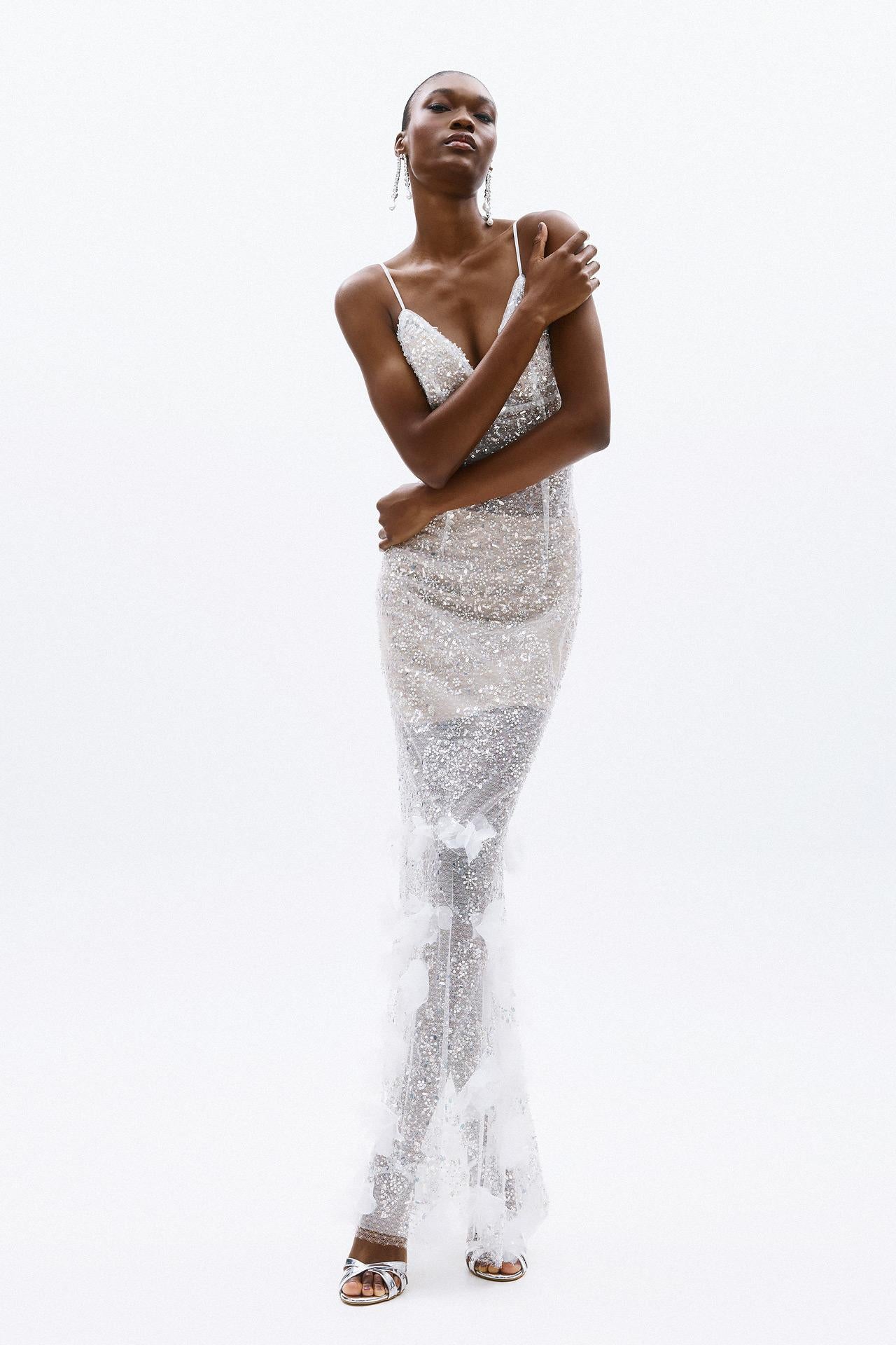 abito lungo con inserti gioiello A4723 WHITE ALLURE 