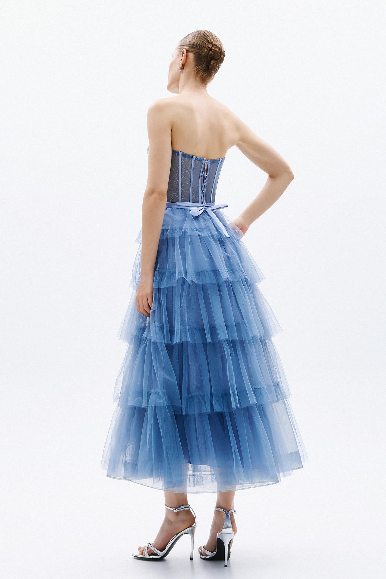 abito cerimonia a balze A4758 INDIGO ALLURE 