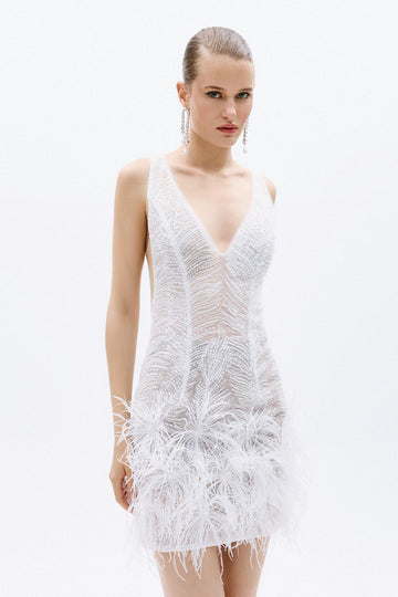abito piume pailettes A4716 WHITE ALLURE 