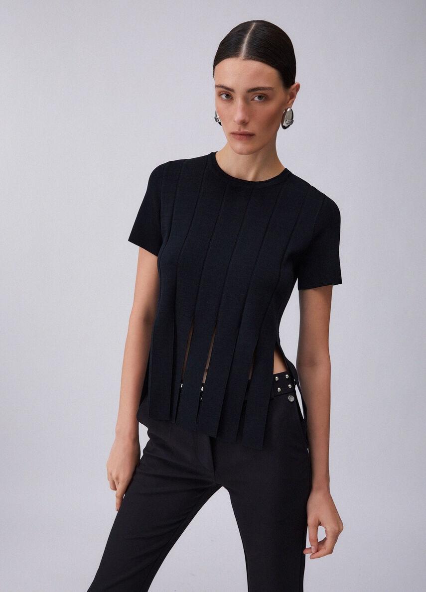 t-shirt in maglia con frange CA6110MS55N 22222 LIU JO BLACK 