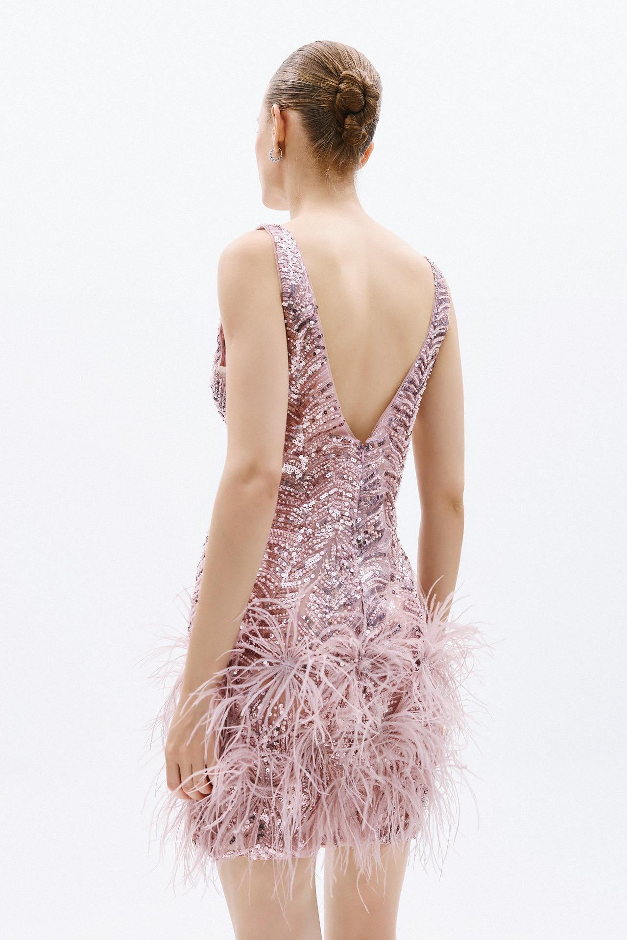 abito piume pailettes A4716 DUSTY PINK ALLURE 