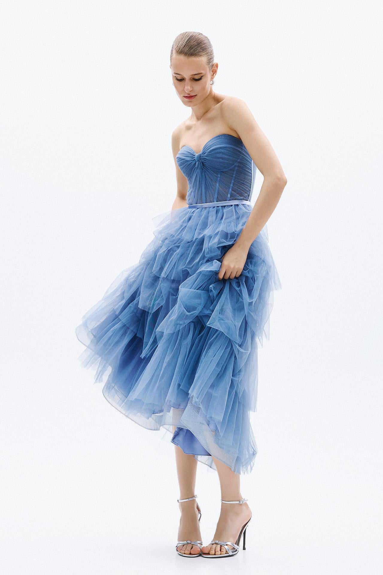 abito cerimonia a balze A4758 INDIGO ALLURE 