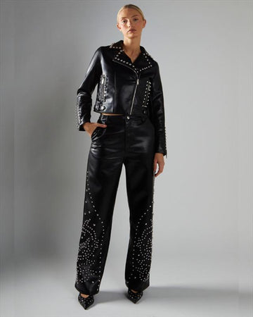pantalone in ecopelle con borchie AN5362 BLACK GLAMOROUS 