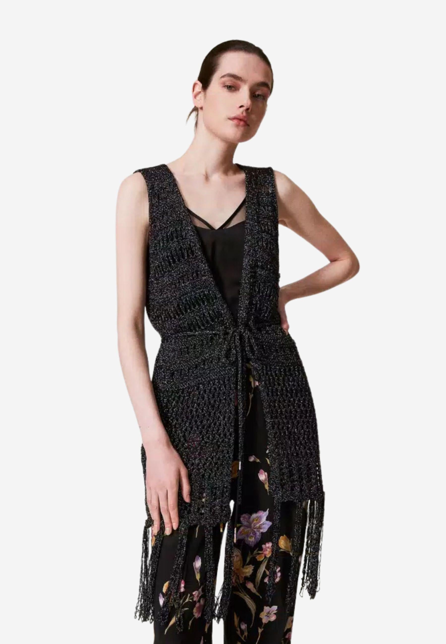 gilet con cinta e frange 251TA4360 00006 TWINSET 