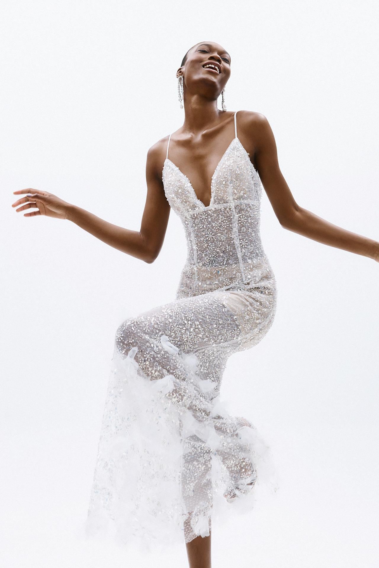 abito lungo con inserti gioiello A4723 WHITE ALLURE 