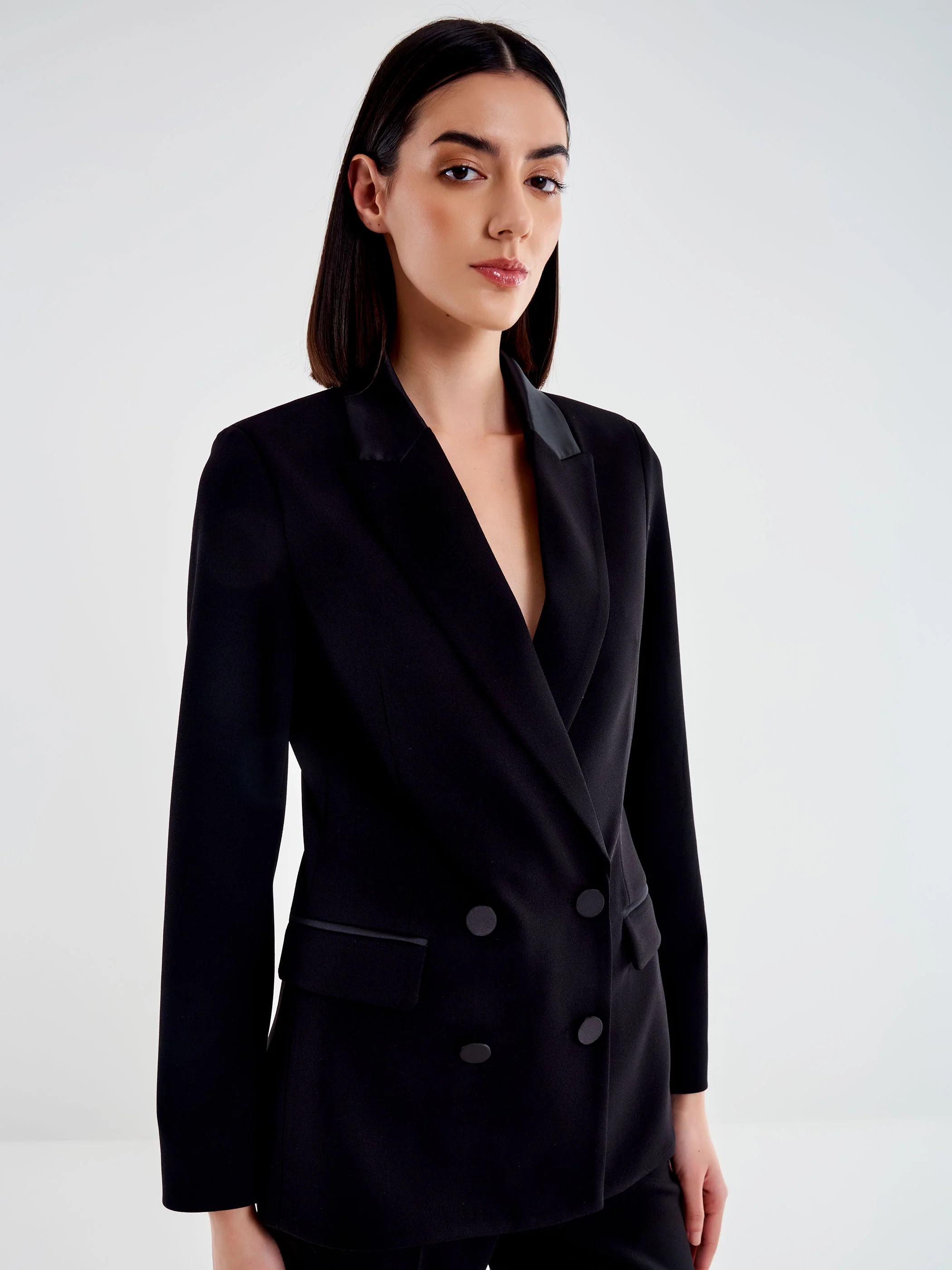 blazer doppiopetto con dettagli in raso TD0578 NERO VICOLO 