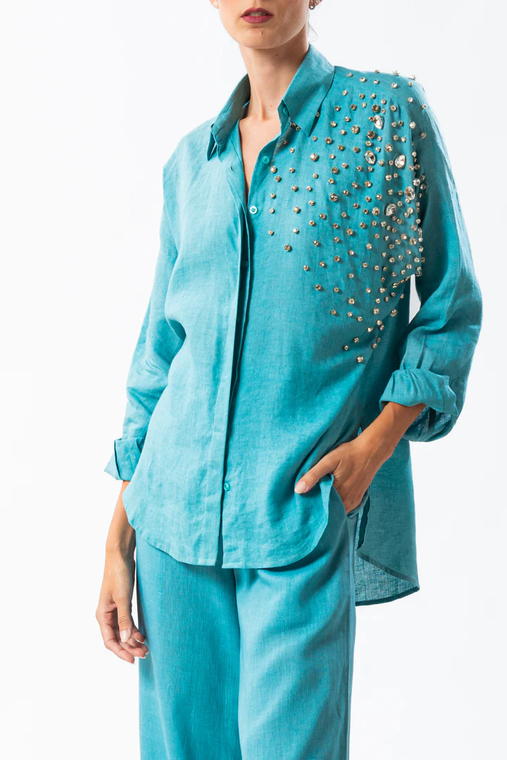 camicia lino con gioiello RELINEN2505 LIGHT BLUE MIRIAM STELLA 